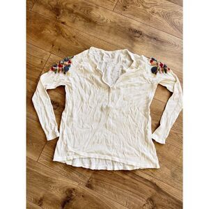 SUNDANCE xl womens cream embroidered waffle knit henley long sleeved shirt top